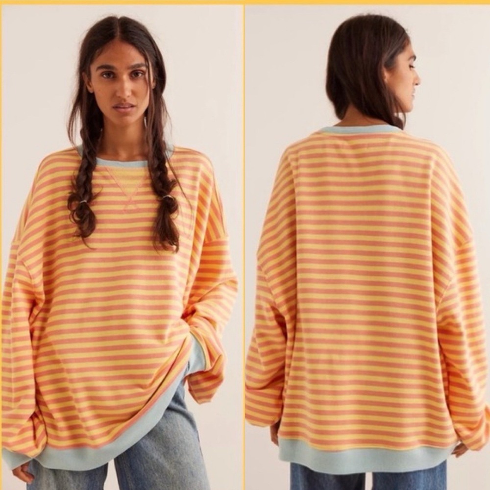 We The Free People Classic Stripe Crew‎ Sweatshirt Oversized Yellow Size XL Boho